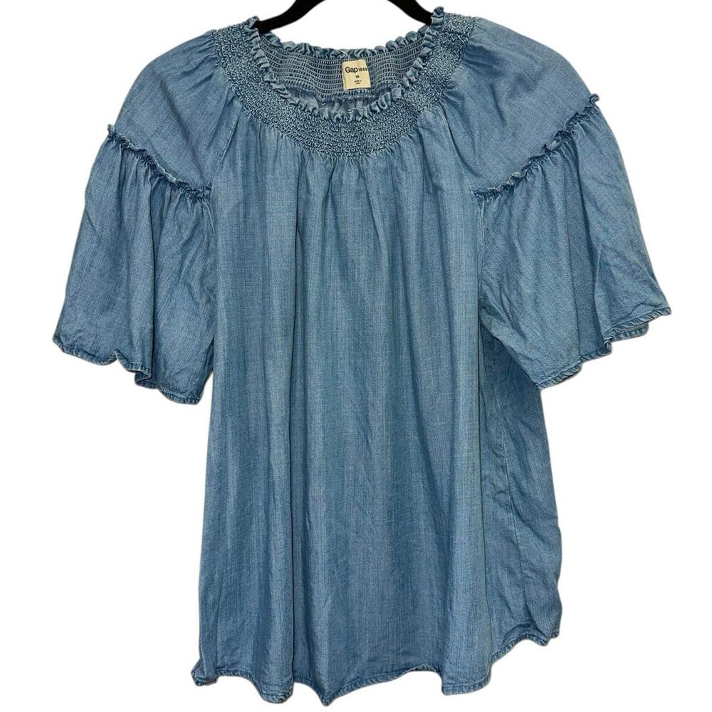 Gap Chambray Smocked Blouse XS Blue Ruffle Neck Puff Sleeve Boho Top